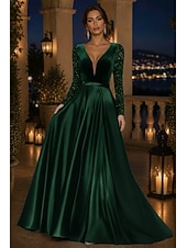 cheap A-Line Evening Dresses-A-Line Floor Length Formal Dresses Mother of the Bride Dress Evening Gown Formal Dress Elegant Glittering Sparkle Long Sleeve V Neck Wedding Formal Satin Sequined with Solid Color