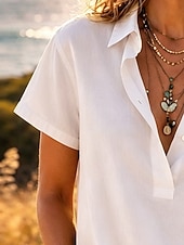  Mujer Camisa Camisas de algodón y lino Camisa de manga corta Blusa Botones Plano Elegante Clásico Moderno Manga Corta Cuello Camisero Tops regulares Casual Diario Festivos Azul Piscina Blanco Amarillo