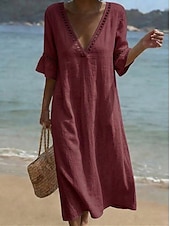 baratos Vestido Simples-Mulheres Vestido midi Vestidos Para o Verão Elegante Férias Manga Princesa Praia Ajuste Largo Côr Sólida Meia Manga Decote mergulhador Azul Claro Branco Champanhe Verde Claro Verão Primavera