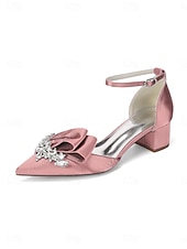 cheap Mother of Bride/Groom-Women's Sophisticated Navy Blue Satin Block Heel Shoes with Bow and Crystal Brooch for Mother of the Bride