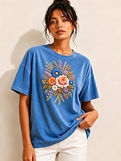  Per donna 100% cotone T-shirt ricamata Floreale Grafico Vintage Classico Casual Manica Corta Girocollo Top Regolari Casuale Quotidiano Weekend Blu Estate Primavera