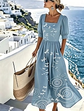  Damskie Sukienka maxi Codzienne sukienki Sukienka A line Elegancja Urlop Elegancki Plaża Święto Regularny Kwiaty Graficzny Rękaw 1/2 Półgolf Niebieski Czerwony Zielony Beżowy Lato Wiosna