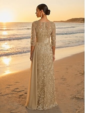 preiswerte A-Linie Abendkleider-A-Linie Bodenlang Ballkleid mit Cape Abendkleid Elegant Glitzernd Glitzern Langarm Rundhalsausschnitt Abschlussball Hochzeit Satin Tüll mit Glitzer Paillette Perlenbestickt