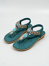 abordables Sandales Plates-Sandales bohèmes à perles pour femmes - sandales plates à bride en T vert paon ornées de pierres turquoise &amp;Bretelles élastiques dans le dos pour les vacances insulaires et les stations balnéaires