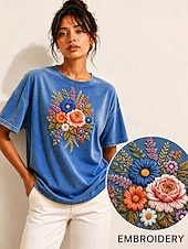  Per donna 100% cotone T-shirt ricamata Floreale Grafico Vintage Classico Casual Manica Corta Girocollo Top Regolari Casuale Quotidiano Weekend Blu Estate Primavera