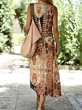 tanie Sukienki boho-Damskie Sukienka midi Sukienka letnia Codzienne sukienki Sukienka A line Sukienka z odkrytymi ramionami Urlop Elegancki Święto Luźna Graficzny Geometryczny Zabytkowe Bez rękawów W serek Żółtobrązowy