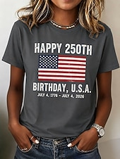  Dia da Independência Americana Mulheres Camiseta Imprimir Gráfico Bandeira Letra Vintage Moda à moda Manga Curta Gola Redonda Tops regulares Casual Diário Final de semana Azul Preto Vermelho Cinzento