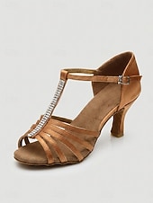 cheap Latin Shoes-Women's Brown Rhinestone T-Strap Latin Dance Shoes - Elegant Peep Toe Heel Salsa &amp; Tango Sandals with Faux Suede Sole for Dance Practice, Ballroom Performances &amp; Social Events
