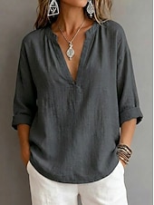 cheap Plain Blouses-Women's Shirt Blouse Solid Color Vacation Stylish 3/4 Length Sleeve V Neck Regular Tops Casual Daily Blue Black White Pink Summer Spring
