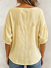 baratos Camiseta lisa-Mulheres Blusa Côr Sólida Diário à moda Básico Manga 3/4 Decote Quadrado Tops regulares Diário Azul Amarelo Rosa Verão Primavera