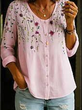 cheap Floral Blouses-Women's Shirt Buttons Print Floral Graphic Vintage Daily Stylish Long Sleeve V Neck Regular Tops Casual Daily Blue Black White Yellow Pink Summer Spring