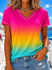 abordables Camiseta de Arte &amp; Diseño-Mujer Camiseta Estampado Ombre Geométrico Degradado Elegante Clásico Casual Manga Corta Escote en Pico Tops regulares Casual Diario Azul Piscina Rosa Naranja Rosa Brillante Verano Primavera