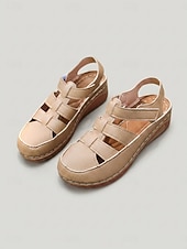 baratos Sandálias Planas-Sandálias femininas vermelhas escuras de bico fechado - calçado casual confortável com design vazado em tecido, sandálias de verão respiráveis com fecho de velcro para uso diário e viagens. &amp; andando