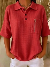  Dame Vaffel T-skjorte T skjorte Poloskjorter Vaffelstrikkede topper Lomme عادي Mote Stilfull Klassisk Kortermet Polokrage Vanlige topper Avslappet Daglig Strand Blå Svart Hvit Rød Oransje Sommer Vår