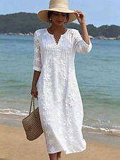 preiswerte Weiße Spitzenkleider-Damen Midikleid Spitzenkleid Freizeitkleid Lässig Strand Lässiger Schnitt Einfarbig Halbarm V Ausschnitt Weiß Sommer Frühling