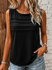 cheap Plain tee-Women's Tank Top Casual Round Neck Ruched Detail Sleeveless Regular Tops Daily Black Green Khaki Summer Spring