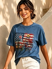  Dia da Independência Americana Mulheres 100% Algodão Camiseta Blusas lavadas estilo vintage Imprimir Gráfico Bandeira americana Vintage Moda à moda Manga Curta Gola Redonda Tops regulares Casual