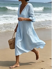 preiswerte Kleider-Damen Midikleid Kleider in Leinenoptik Sommerkleid Basic Klassisch Täglich Urlaub Lässiger Schnitt Einfach Halbarm V Ausschnitt Blau Weiß Hellgrün Aprikose Sommer Frühling
