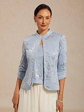 billiga Blusdräkter för kvinnor-Dam Jakke Dressiga toppar Tvillingset Paljetter Blommig Elegant 3/4 ärm Kraghalsband Vanliga toppar Festkvällskläder Högtidskläder Cocktailklädsel Dammig blå Sommar Vår Höst