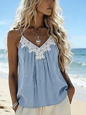 preiswerte Einfacher Tank-Damen Hemd Sommerhemd Bluse Camisole-Tanktop Spitze Einfarbig Stilvoll Klassisch Modern Ärmellos V Ausschnitt Normale Oberteile Täglich Ferien Ausgehen Weiß Rosa Himmelblau Aprikose Sommer Frühling