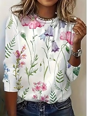 preiswerte Blumen-T-Shirt-Ostern Damen T Shirt Druck Blumen Grafik Pflanzen Stilvoll Klassisch Modern Langarm Rundhalsausschnitt Rundhals Normale Oberteile Lässig Täglich Wochenende Weiß Leicht Rosa Grün Beige Sommer Frühling
