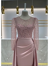 cheap Ball Gown Evening Dresses-Mermaid Trumpet Floor Length Evening Gown Ball Gown with Overskirt Formal Dress Elegant Long Sleeve Illusion Neck Carnival Formal Detachable Satin Sequined with Pearls Overskirt