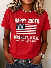  Dia da Independência Americana Mulheres Camiseta Imprimir Gráfico Bandeira Letra Vintage Moda à moda Manga Curta Gola Redonda Tops regulares Casual Diário Final de semana Azul Preto Vermelho Cinzento