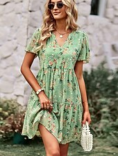 economico Abiti floreali-Per donna Abito al ginocchio Abito a Tubino Vacanza Casual Spiaggia Spiaggia Vestibilità regolare Floreale Grafico Manica Corta Scollo a V Blu Bianco Rosa Verde Estate Primavera