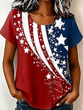 cheap Independence Day Top-American Independence Day Women's Blouse Buttons Print Floral Graphic Vintage Tropical Stylish Short Sleeve Crew Neck Long Tops Casual Holiday Blue + Red Black Red Summer Spring