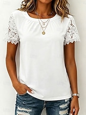  Dames Overhemd Blouse Kanten topjes Kant Effen Stijlvol Klassiek Modern Korte mouw Strakke ronde hals Normale tops Dagelijks Feestdagen Uitgaan blauw Zwart Wit Blozend Roze Rood Zomer Lente