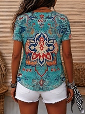 preiswerte Boho-T-Shirt-Damen T Shirt Druck Blumen Grafik Geometrisch Vintage Stilvoll Lässig Kurzarm Rundhalsausschnitt V Ausschnitt Rundhals Normale Oberteile Lässig Täglich Wochenende Braun Grün Sommer Frühling Herbst