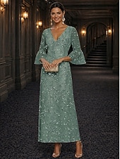 baratos Comprimento do tornozelo-Linha A Vestidos Longo Até o Tornozelo Vestido Coquetel Vestido Para Mãe dos Noivos Manga Longa Decote V Elegante Luxuoso Brilho &amp; Glitter Formal Convidado do casamento Semi formal Renda com Miçangas