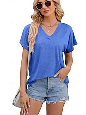 cheap Plain tee-Women's T Shirt Tee Top Solid Color Elegant Fashion Short Sleeve Raglan Sleeves V Neck Regular Tops Casual Daily Summer claret Cailan Black White Navy Blue Summer