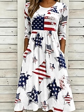  Dia da Independência Americana Mulheres Vestido midi Vestido de turno Férias Festa Casual Diário Vestido de verão vestido de primavera Normal Bandeira americana Estrelas e listras Manga Longa Gola