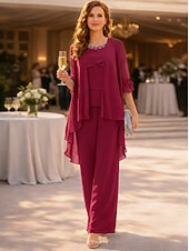 abordables Trajes de pantalón de mamá-Traje de pantalón Traje de 3 piezas Hasta el Suelo Hasta el Tobillo Vestido de Madrina Media Manga Cuello Barco Elegante Sencillo Minimalista Invitado a la boda Gasa con Detalles de Cristal Volantes