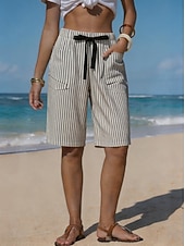 baratos Bermudas-Mulheres chinês Calção Shorts de verão Básico Comprimento do joelho Cintura Alta Listrado Bolsos Cintura elástica Listrado Confortável Conforto Macio Sem Elasticidade Ao ar livre Férias Formal Azul
