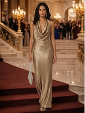 cheap Sheath Evening Dresses-Mermaid Trumpet Sheath Column Floor Length Evening Gown Formal Dress Elegant Celebrity Style Sleeveless Cowl Neck Wedding Formal Foiled with Ruched
