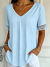 billiga Enkel t-shirt-Women's T Shirt Lace Solid Color Vintage Stylish Casual Short Sleeve V Neck Regular Tops Casual Daily Blue White Pink Purple Summer Spring