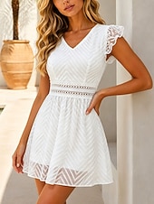  Mujer Mini vestido Vestido de encaje Vestido de verano Vestido informal Vestido de una línea Vacaciones Casual Boho Playa Fiesta Cita Ajuste regular Plano Manga Corta Escote en Pico Blanco Verano