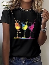 preiswerte Kunst &amp; Design T-Shirt-Damen T Shirt Baumwollhemd Druck Grafik Weinglas Lässig Kurzarm Rundhalsausschnitt Rundhals Lange Oberteile Lässig Täglich Schwarz Weiß Sommer Frühling