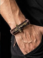 baratos Jóias Masculinas-Pulseira masculina de couro genuíno com liga metálica e cruz, ajustável nas cores preta ou marrom, joia vintage casual para uso diário, viagens e looks de férias.