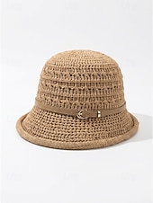 baratos Chapéus Femininos-Chapéu bucket feminino em poliéster trançado com cinto de couro, chapéu de sol leve para o verão, ideal para férias, praia, uso casual ao ar livre e dia a dia.