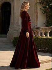 economico Abiti da Sera a Linea A-Abito da sera A-Line rosso nero blu in velluto elegante formale per matrimonio autunnale lungo fino al pavimento con maniche lunghe scollo a V tasca con spacco tasca