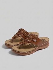 baratos Chinelos de slide-Sandálias femininas douradas com estampa floral, confortáveis e com tira entre os dedos em 3D, palmilha massageadora e amortecimento para maior conforto, ideais para viagens e caminhadas. &amp;uso diário
