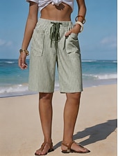 baratos Bermudas-Mulheres chinês Calção Shorts de verão Básico Comprimento do joelho Cintura Alta Listrado Bolsos Cintura elástica Listrado Confortável Conforto Macio Sem Elasticidade Ao ar livre Férias Formal Azul
