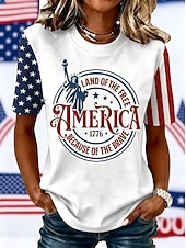  アメリカ独立記念日 女性用 Tシャツ プリント グラフィック フラッグ レタード ヴィンテージ ファッション スタイリッシュ 半袖 クルーネック ラウンドネック ロングトップス カジュアル 日常 週末 ブルー ホワイト レッドとブルー 夏 春 秋