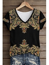 cheap Boho tee-Women's T Shirt Print Floral Graphic Plants Vintage Stylish Classic Short Sleeve V Neck Regular Tops Daily Weekend Blue Brown Gray Summer Spring Fall Winter
