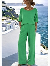 cheap Sets-Women's Cotton Linen Sets Pants Sets Bolero Top Half Sleeve Crew Neck Solid Color Fashion Streetwear Casual Daily Outdoor Blue Black White Summer Regular Fit