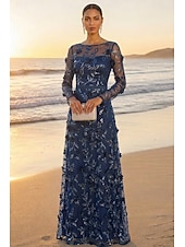 cheap Floor Length-A-Line Floor Length Mother of the Bride Dress Long Sleeve Boat Neck Elegant Vintage Luxurious Formal Wedding Guest Wedding Party Lace Tulle with 3D Flowers Embroidery Appliques