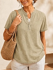 cheap Plain Blouses-SoftFade™ Women's 100% Cotton Henley Shirt Solid Color Vintage Fashion Stylish Short Sleeve V Neck Regular Tops Casual Beach Blue Khaki Black Purple Orange Summer Spring
